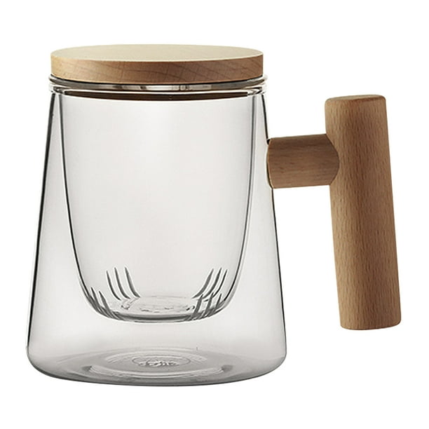 Taza de té de vidrio con infusor y tapa, taza de té, taza de café de vidrio con mango de madera, taza de café de boca ancha, taza de gran capacidad