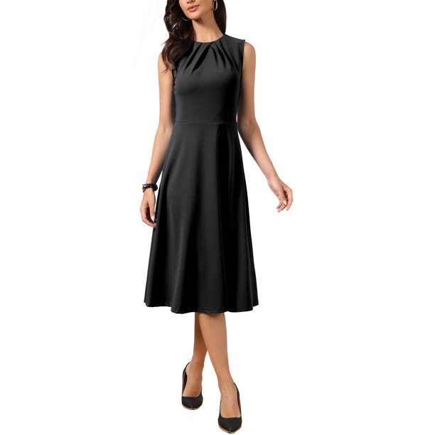 INSPIRE CHIC Vestido Midi para Mujeres sin Mangas Verano Trabajo Elegante Fiesta Cóctel Línea A Vestidos S Negro