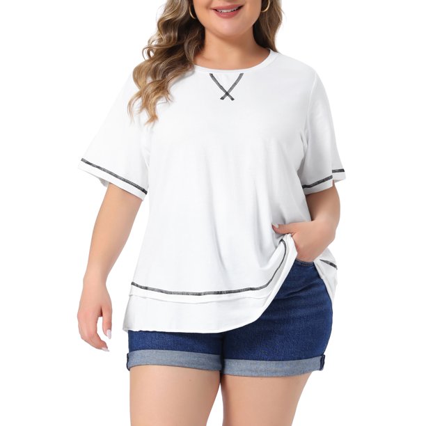 GRACIA Y GRANDEZA Camisetas de Verano para Mujer Tallas Grandes Manga Corta Cuello Redondo Suelto Casual Blusa de Punto Tops 3X Crema