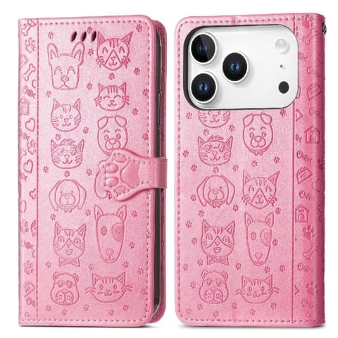 Funda Cartera Foxdock Para Iphone 17 Pro Max , Flip Pu Con Relieve De Gatos Y Perros, Tarjetero Y Soporte