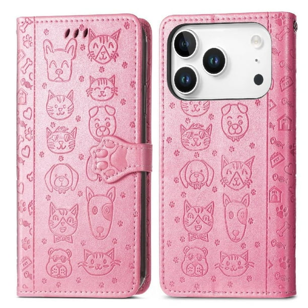 Funda Cartera FOXDOCK para iPhone 17 Pro Max , Flip PU con Relieve de Gatos y Perros, Tarjetero y Soporte