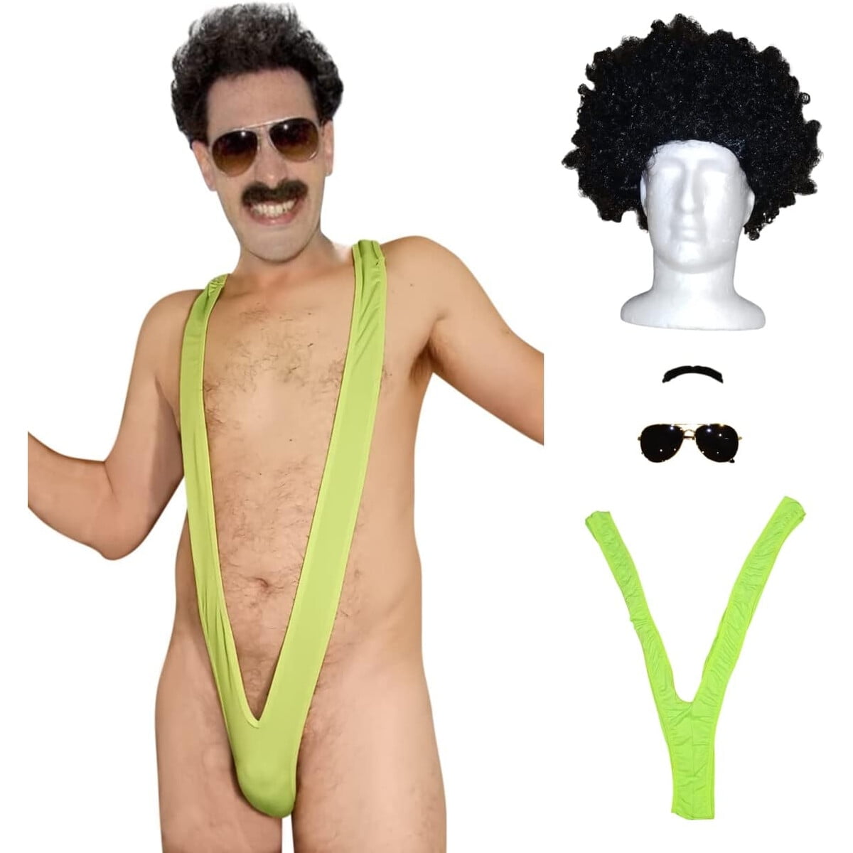 Genérico - Disfraz Borat Mankini Verde Peluca Bigote Lentes Hombre