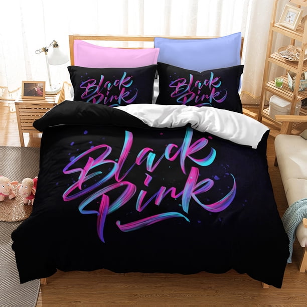 Black_pink 3 Pcs Comforter Set with 2 Pillowcases,Blackpin_k Bedding Set Sheet Set for Kids Adults,All Season Lightweight