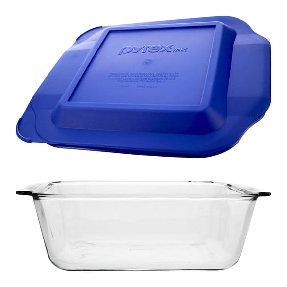 Pyrex 222-D (2.5 Qt) Fuente de Vidrio Profundo para Hornear con Tapa Azul - Fabricado en EE. UU.