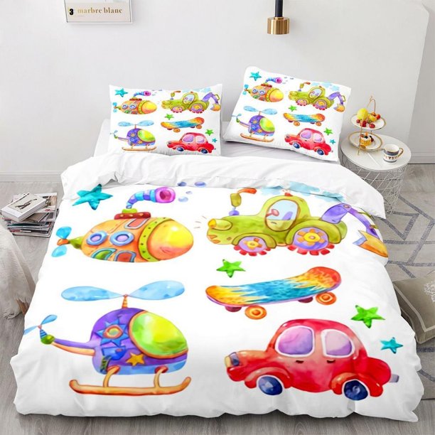 Trucks Bulldozer Kids Quilt Duvet Cover Set Pillowcase Bedclothes3-Piece Bedding Set