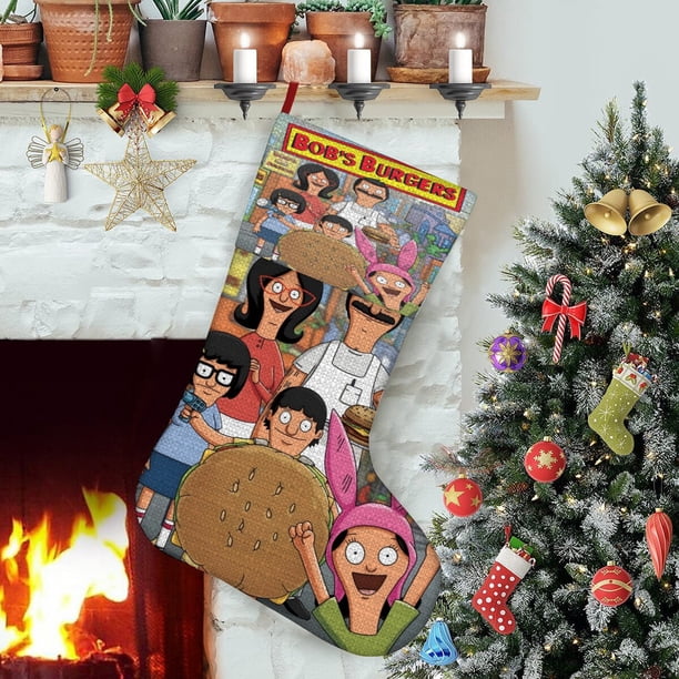Bob's Burgers Tema: Calcetines de Navidad, fino lino blanco para colgar en escaleras y chimenea, decoración navideña para el hogar, regalo de Navidad. 45cm × 32cm