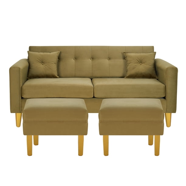 Sofa New Retro 3c + 2 Pouf Felpa 01 Verde Musgo