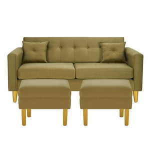 Bodevir - Sofa New Retro 3C + 2 Pouf Felpa 01 Verde Musgo