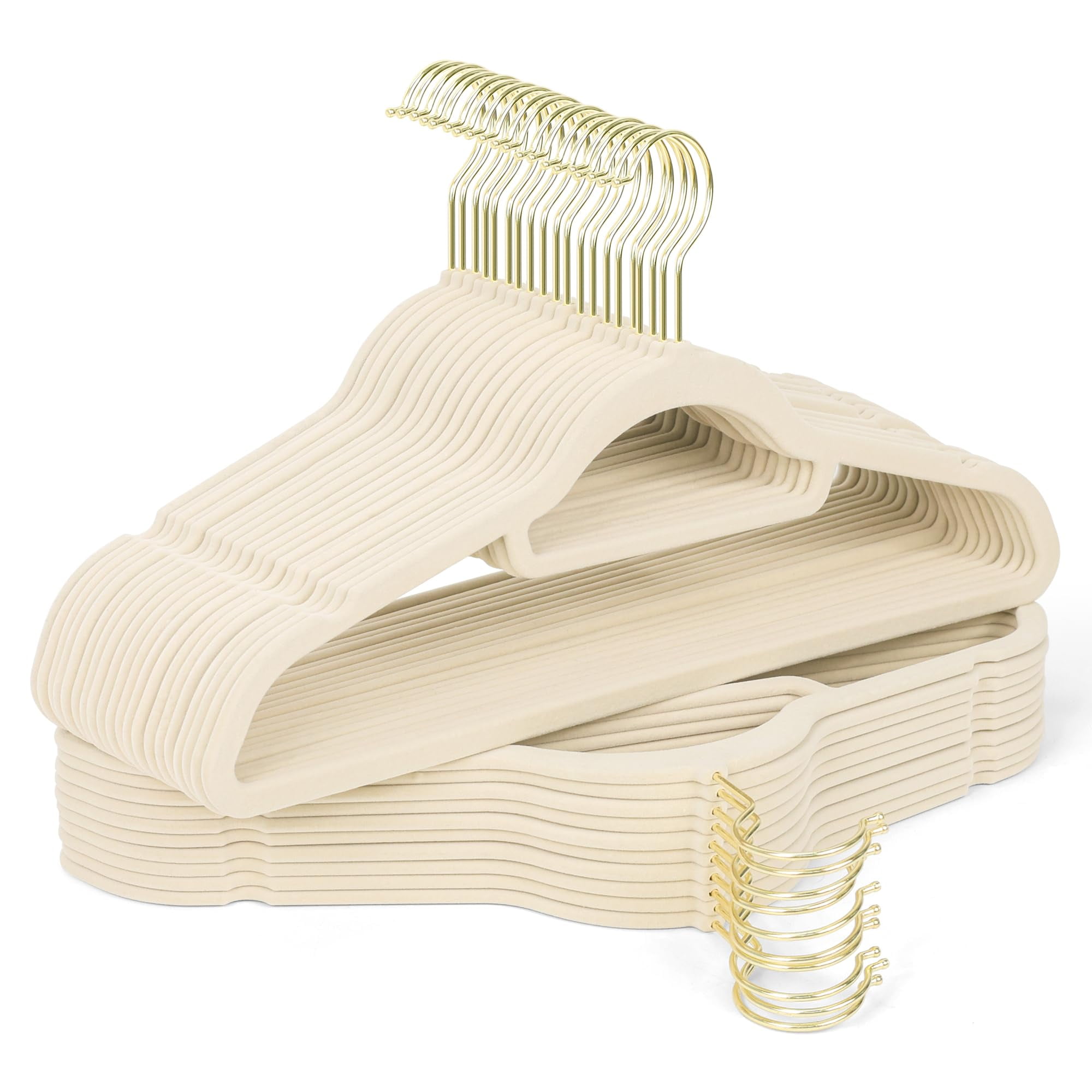 Perchas De Terciopelo Sishynio Premium, Paquete De 30 Unidades Con Ganchos Dorados, Color Beige