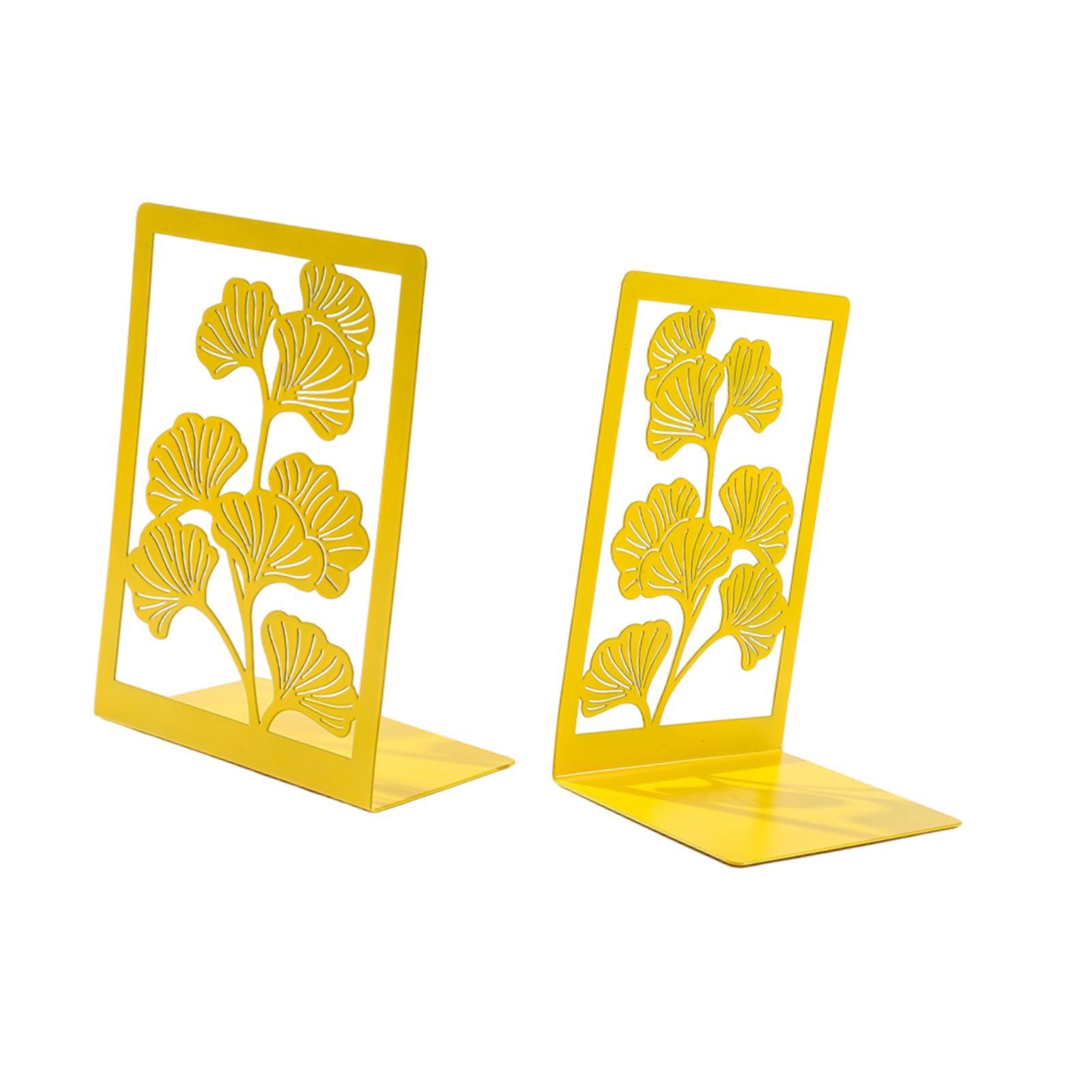Bothyi - Sujetalibros Metálicos Con Hojas De Ginkgo, Decorativos Para Biblioteca Y Oficina (1 Par), Color Amarillo