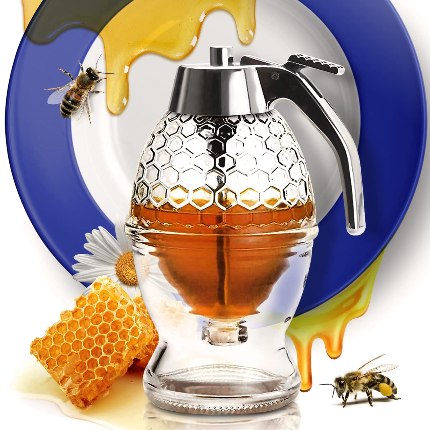 Dispensador De Miel Clevli, Vidrio Sin Goteo, 240 Ml, Con Soporte Y Tapa