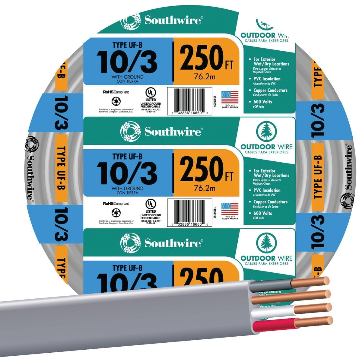 Cable Southwire #13059155 De 250 Pies 10/3 W/g Uf-b Wg De Tipo Sólido