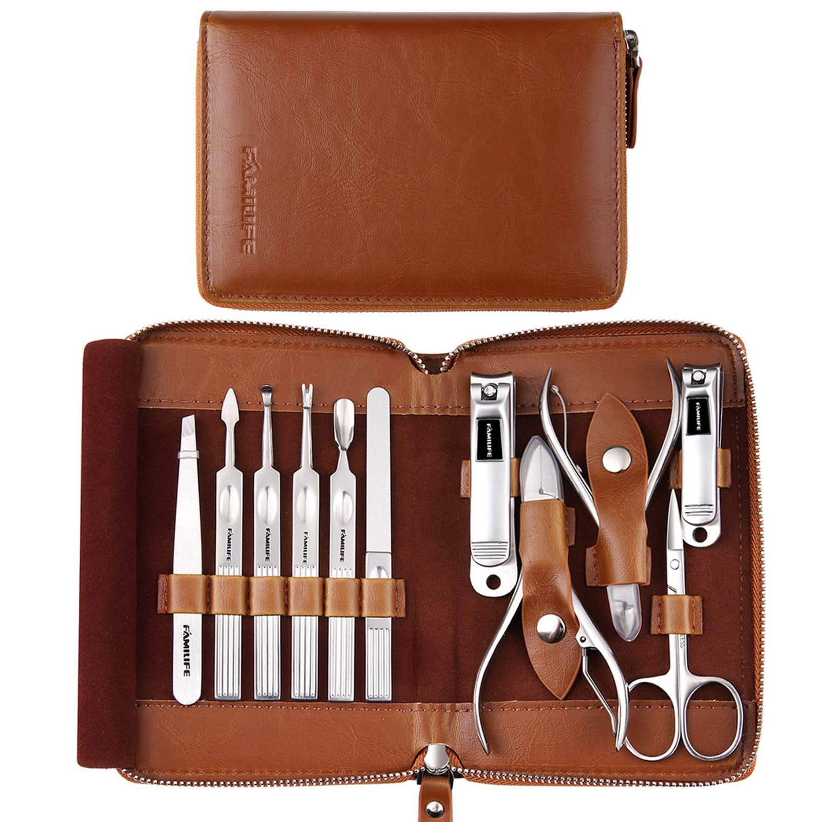 Set De Manicura Familife 11 En 1 De Acero Inoxidable Con Funda De Piel