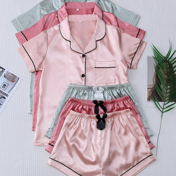 3 Sets Satin Pajama Set, Short Sleeve Lapel Top & Bow Shorts, Women's Sleepwear & Loungewear