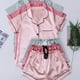 thumbnail image 1 of 3 Sets Satin Pajama Set, Short Sleeve Lapel Top & Bow Shorts, Women's Sleepwear & Loungewear, 1 of 3