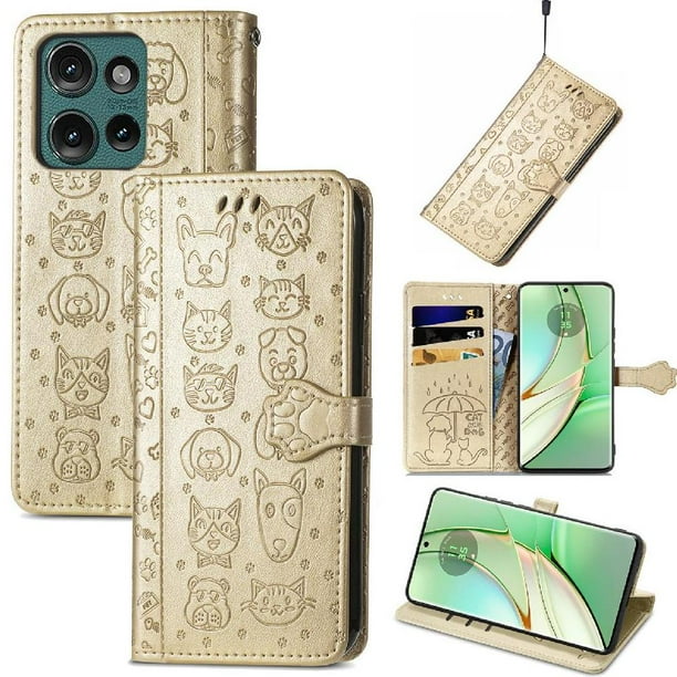 Funda Cartera FOXDOCK para Motorola Edge 2024 , Flip PU con Relieve de Gatos y Perros, Tarjetero y Soporte