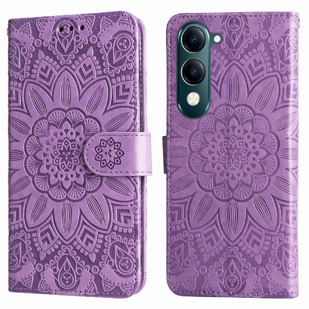 Funda tipo cartera FOXDOCK para Vivo Y04 , diseño girasol en relieve, cuero PU, cierre magnético, soporte y tarjetero