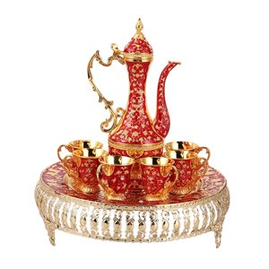 Magideal - De Cafetera Turca Vintage, Tazas Y Bandeja De Té Artesanal Decoraciones De Insertadas Té De Piedras , Rojo 25X31Cm
