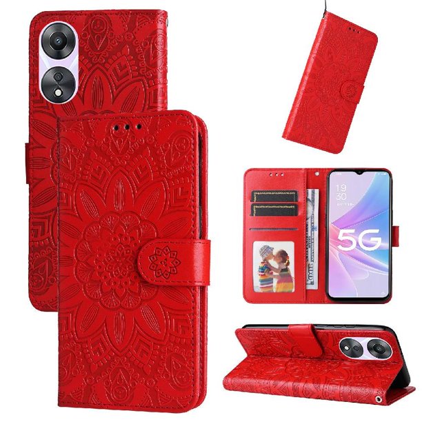 Funda tipo cartera FOXDOCK para OPPO A78 5G , diseño girasol en relieve, cuero PU, cierre magnético, soporte y tarjetero