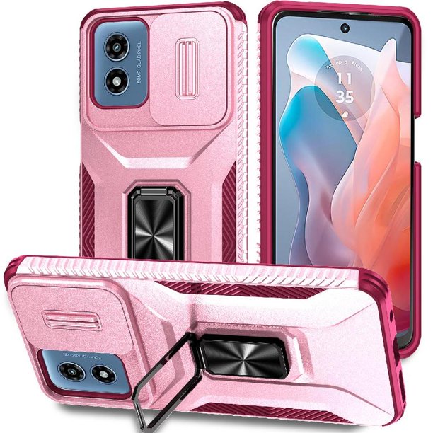 Funda Armada para Motorola Moto G Play 2024 con Tapa Deslizante y Soporte Magnético Giratorio Rosa