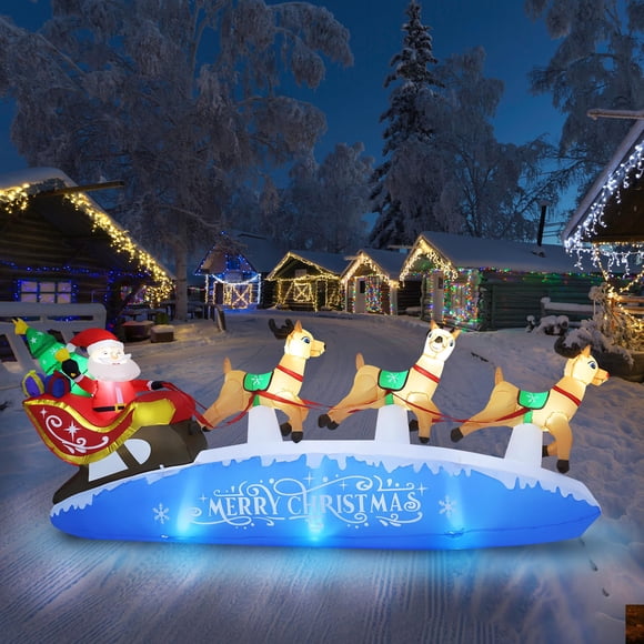 Trineo Inflable Navideño De Papá Noel Con Renos De 10 Pies Azul
