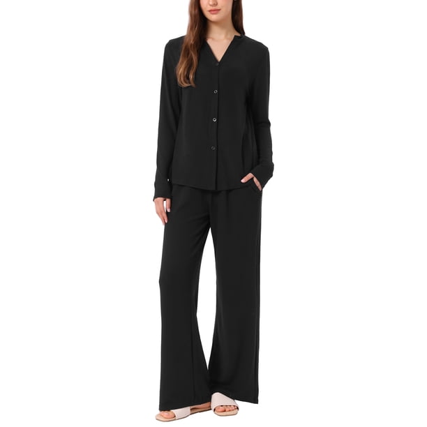 Conjunto de Pijama de Manga Larga para Mujer INSPIRE CHIC Mezcla de Rayón Suave Conjunto de Descanso con Botones y Cintura Elástica y Bolsillos XL Negro