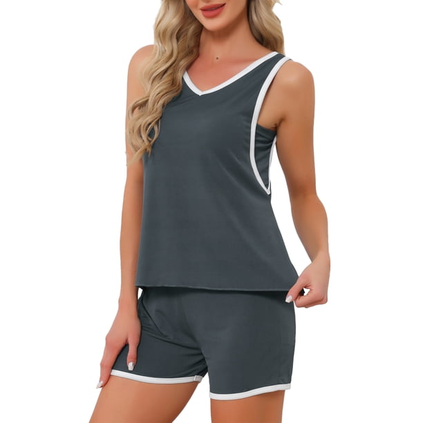 INSPIRE CHIC Conjunto de Pijama para Mujer con Sujetador Incorporado, Camiseta de Tirantes Deportiva a Rayas y Conjunto de Pantalones Cortos para Estar en Casa L Negro