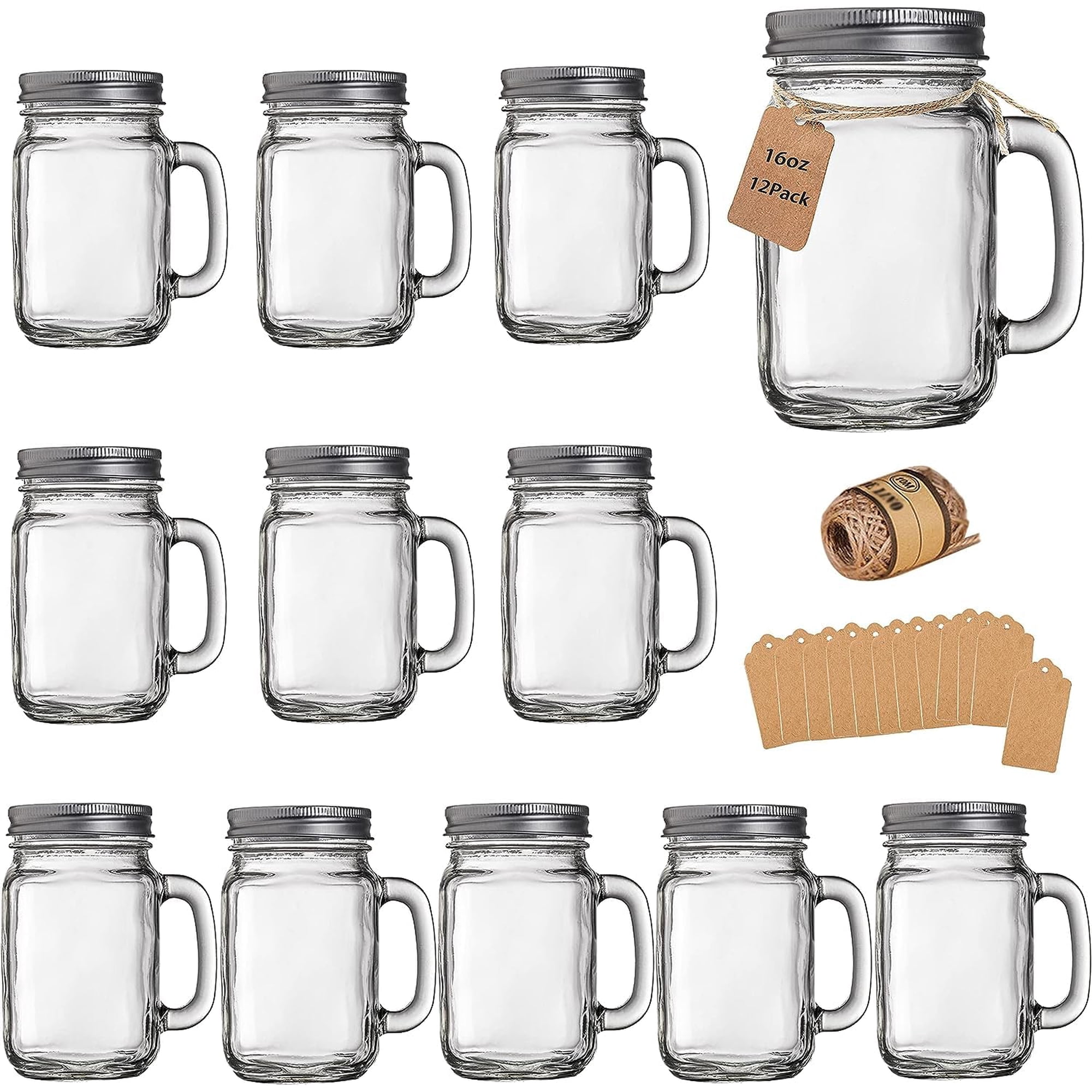 Vasos Mason Jar Tanglong De Vidrio De 16 Onzas Con Asa Y Tapa, Paquete De 12