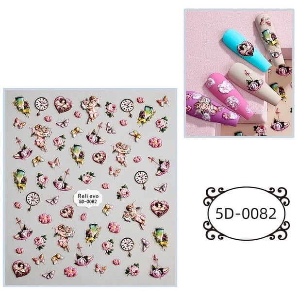 Nail Stickers Embossed 5D Embossed Retro Nail Art Stickers,Angel Flower Wings Manicure Decals