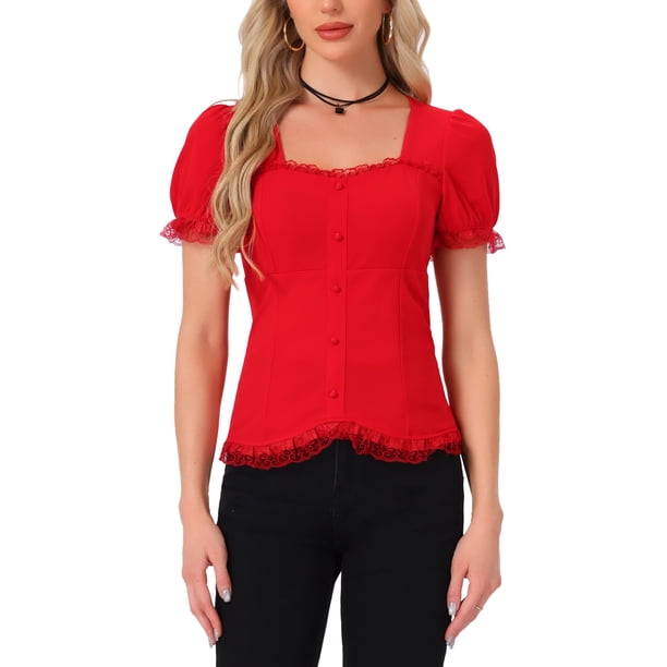 INSPIRE CHIC Camisa Victoriana para Mujeres Regreso a Clases Cuello de Corazón Manga Abullonada Halloween Blusa Gótica con Cordones S Roja