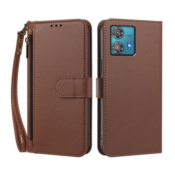 Funda Tipo Billetera para Motorola Moto Edge 40 Neo 5G con Soporte y Bolsillo con Cierre Marrón