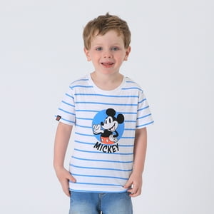 Polera Manga Corta Niño Blanco Rayas Mickey Disney