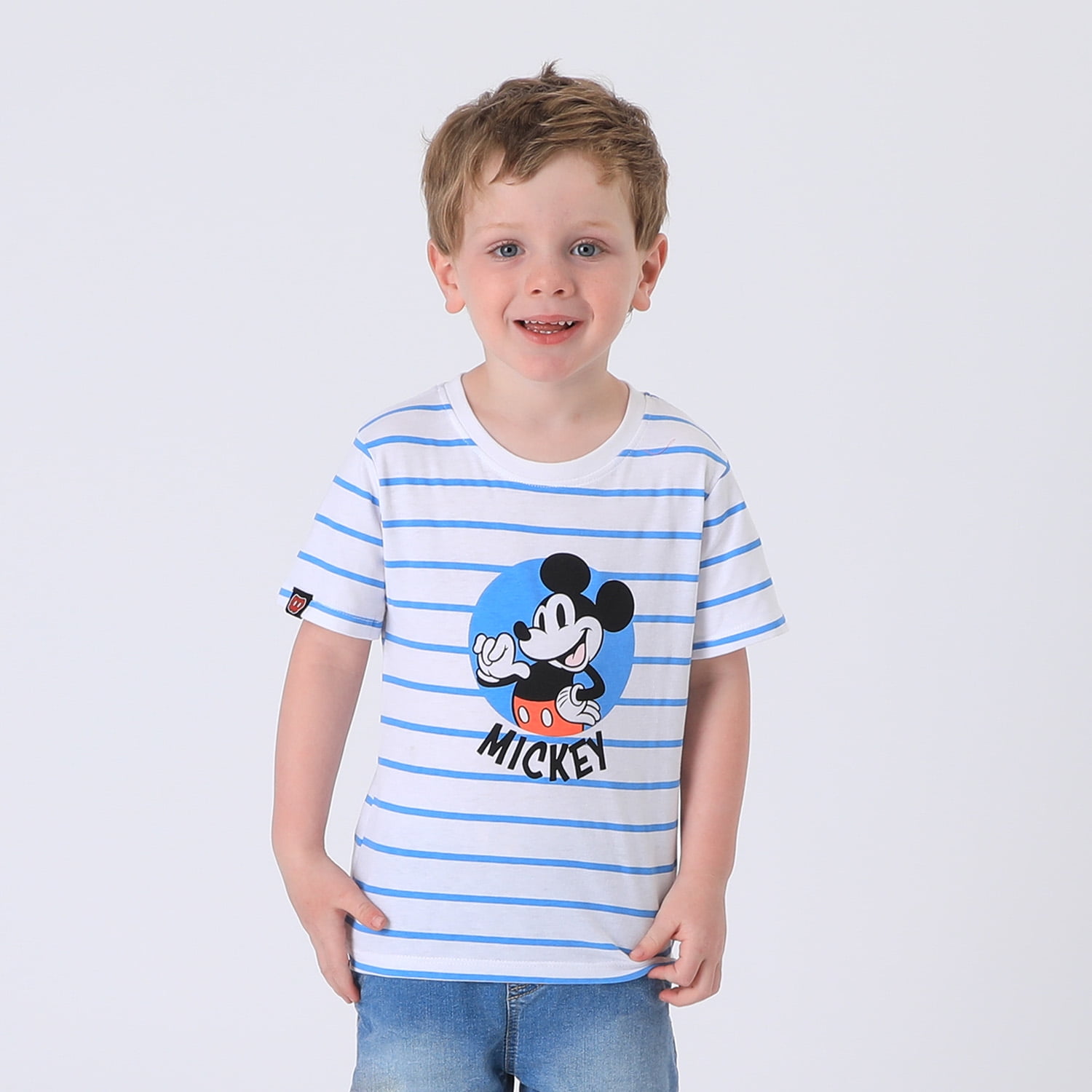 Polera Manga Corta Niño Blanco Rayas Mickey Disney