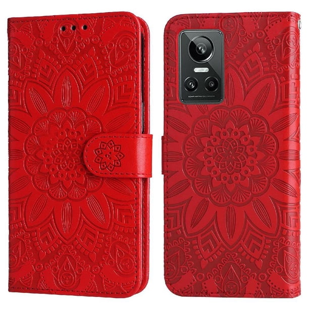 Funda tipo cartera FOXDOCK para Realme GT Neo 3 , diseño girasol en relieve, cuero PU, cierre magnético, soporte y tarjetero