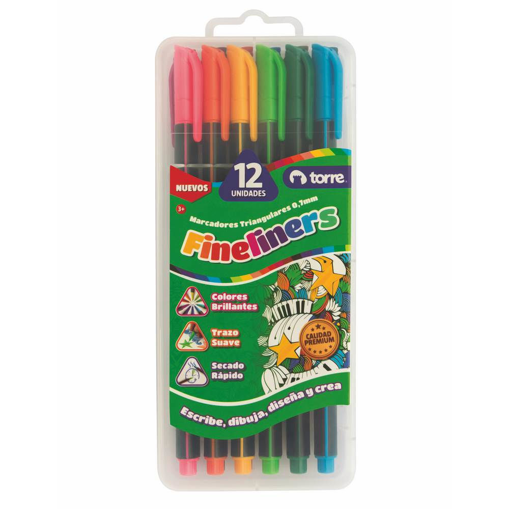 Marcadores Triangulares Fineliners 0,7mm 12 Colores Torre