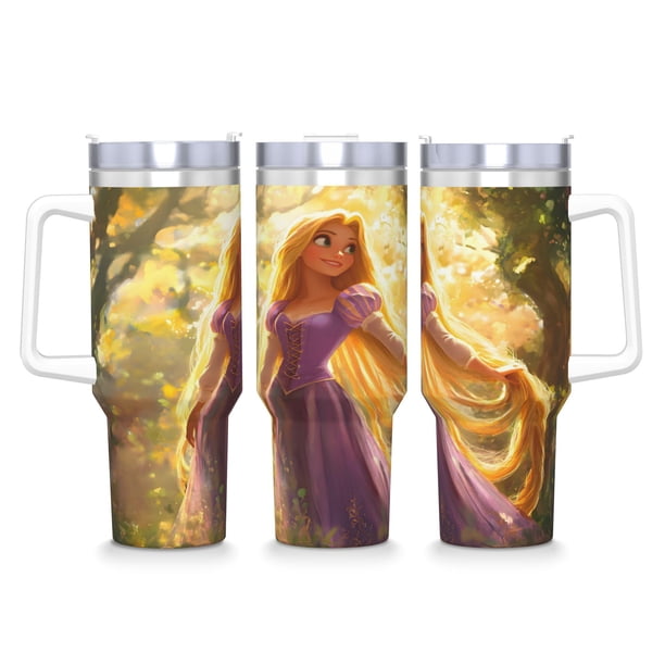 Enredados: Cabello Largo Vaso aislado de acero inoxidable con asa, diseño temático, regalo para familia, amigos y fans; incluye pajita y encaja en el portavasos estándar, 40 oz