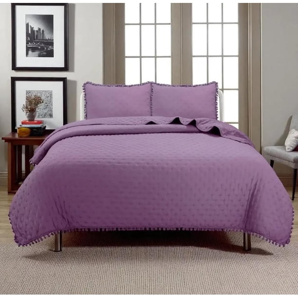 Cubrecama Y Fundas Con Pompon Dos Plazas Dormitorio purpura 2 plazas