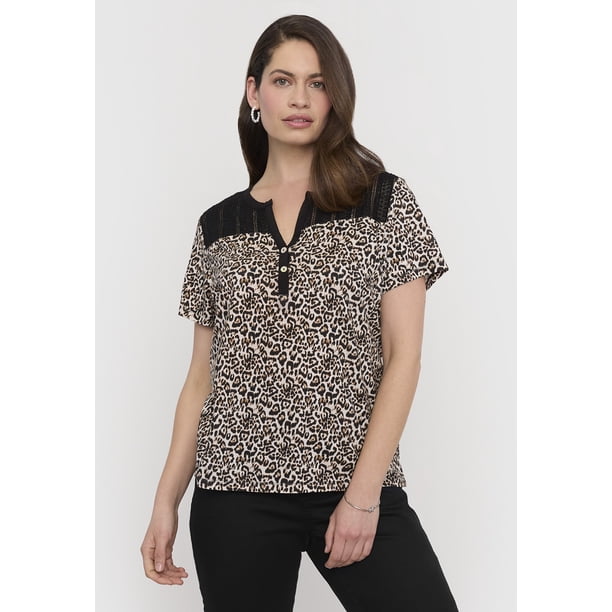 Polera Mujer Aplicación Macramé Beige Animal Print Corona