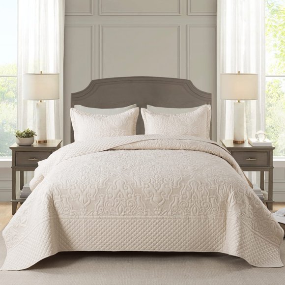 NEWLAKE Juego de colcha y cubrecama, color beige, con patrón floral jacquard en relieve, reversible, acolchado de microfibra bordado, tamaño king