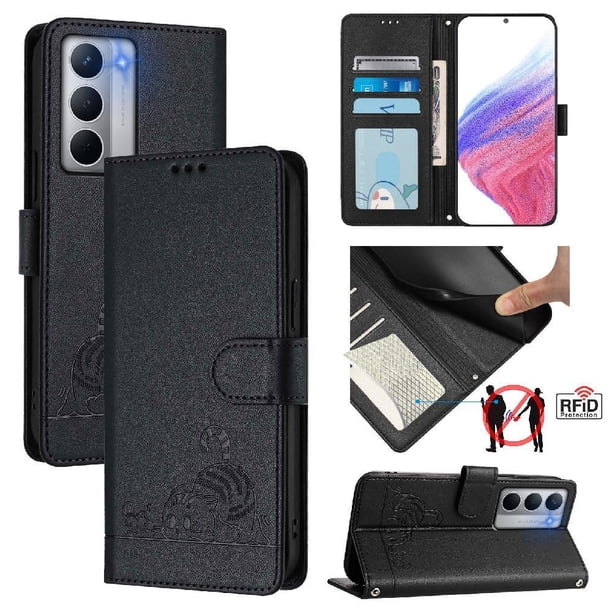 Funda tipo cartera FOXDOCK para Realme Narzo 80x con soporte, ranuras, RFID, diseño de gato