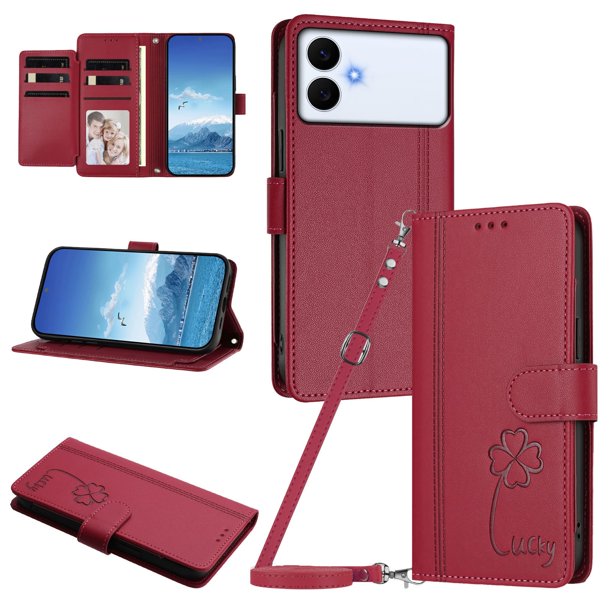 Funda Cartera Trébol para Samsung Galaxy S26 Edge con Ranuras Tarjetas y Carga Inalámbrica Rojo
