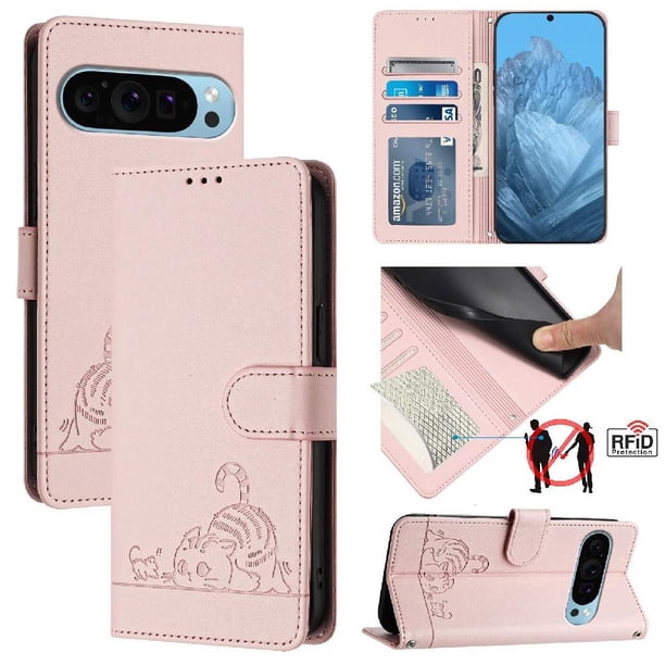 Funda tipo cartera FOXDOCK para Google pixel 9 PRO 5G con soporte, ranuras, RFID, diseño de gato