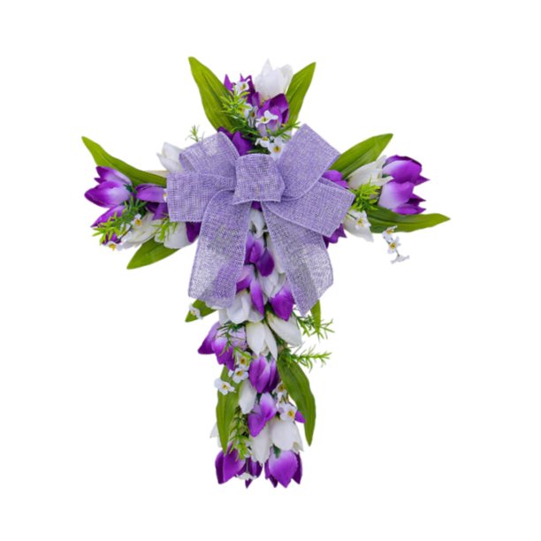 Corona De Pascua Con Forma De Cruz, Corona De Tulipanes Para Puerta De Entrada, Corona De Flores Artificiales Navideñas, Flores Blancas Y Moradas