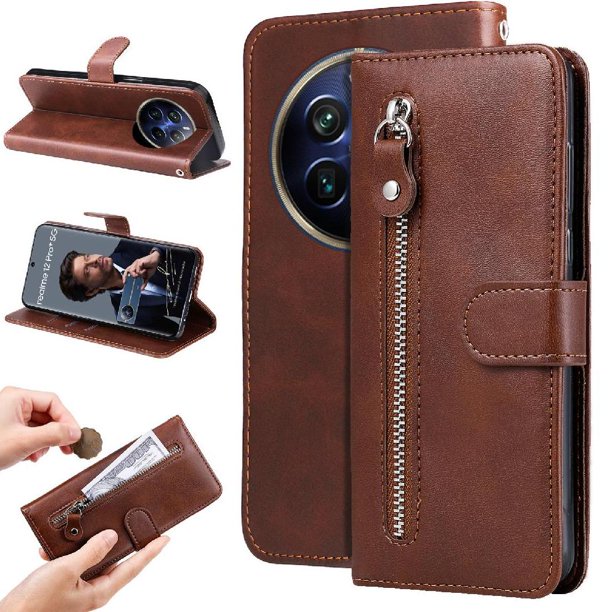Funda con Cremallera para Realme 12 Pro Plus , Carcasa Cartera de Cuero PU con Soporte y Tarjetero