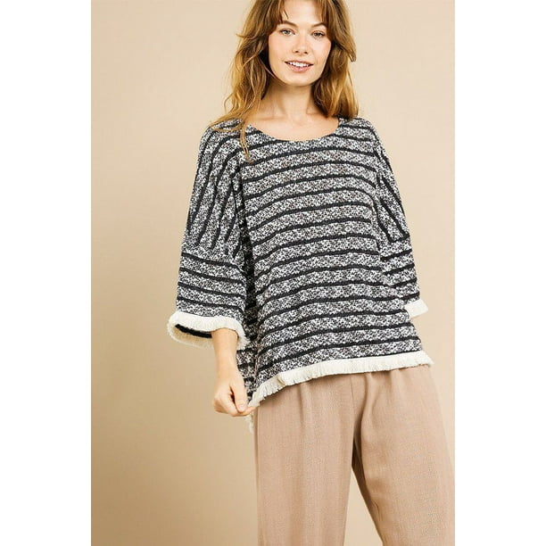 Top de Cuello Redondo con Mangas Acampanadas y Punto a Rayas Jaspeado