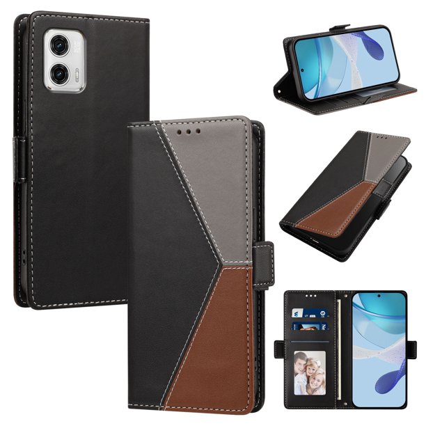 Cartera Plegable para Motorola Moto G73, PU Tricolor con Ranuras, Negro