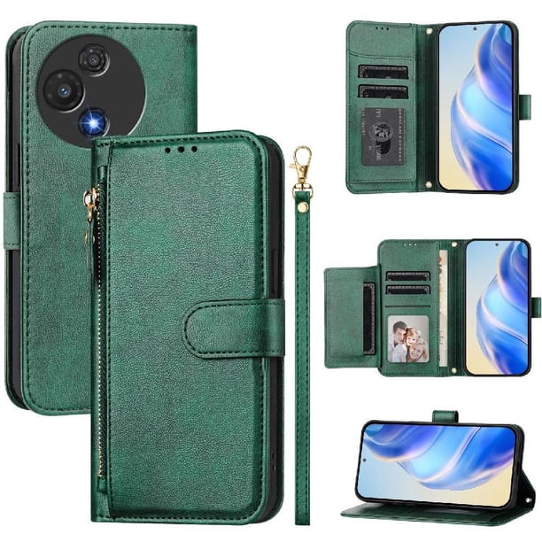 Funda Billetera Cremallera para TCL 60R con Porta Tarjetas, Soporte y Correa Verde