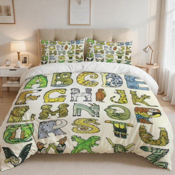 Animal Alphabet Print Bedding Set Soft Light Beige-Friendly Polyester Fabric