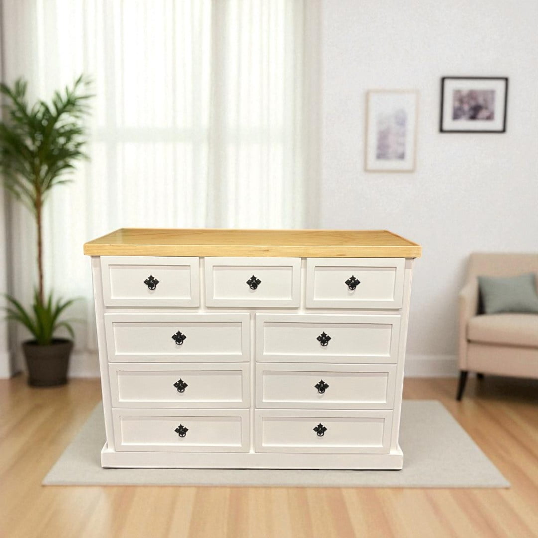Arca Muebles - Comoda De Madera 9 Cajones Basic 120x40x90 Color Blanco Cubierta Miel