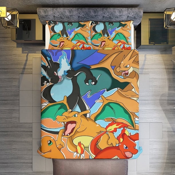 Pokmon Charizard 3 Piece Sets Full/Queen Size - Reversible Microfiber Quilts with Shams Soft Lightweight Bedspread Coverlet Comforter for All Season Bed Sheets